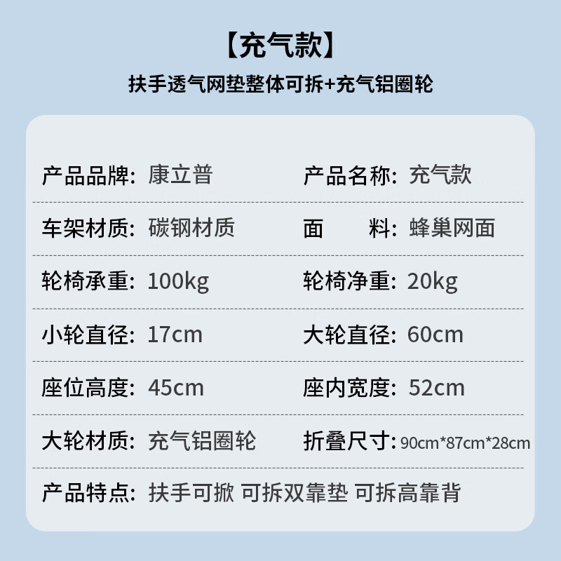 康立普（CANLIPE）轮椅瘫痪老年人可躺可洗澡大小便家用小型轻便折叠专用出行手推车 【充气款】扶手可掀 透气网垫整体可拆+充气铝圈轮