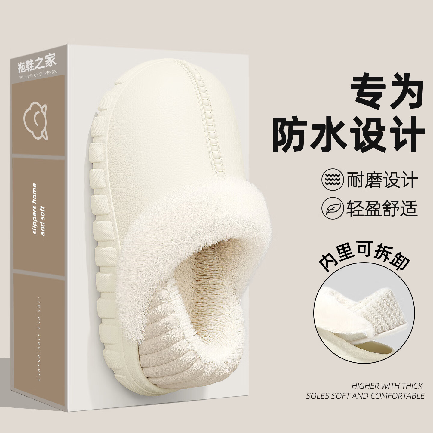 FZT防水包跟棉拖鞋女款2025冬季新款保暖防滑室内居家加绒棉拖鞋男 白色 35-36 标准码【内长230mm】