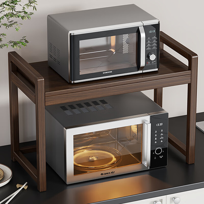 尔思家微波炉架子置物架日本厨房收纳架多层烤箱放置架台面空气炸锅支架 胡桃色中号【进口实木】
