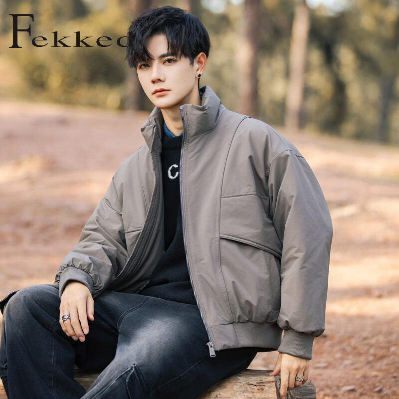 Fekked香港潮牌2025年冬季新款男士立领个性设计工装式简约羽绒服外套潮 灰色 M