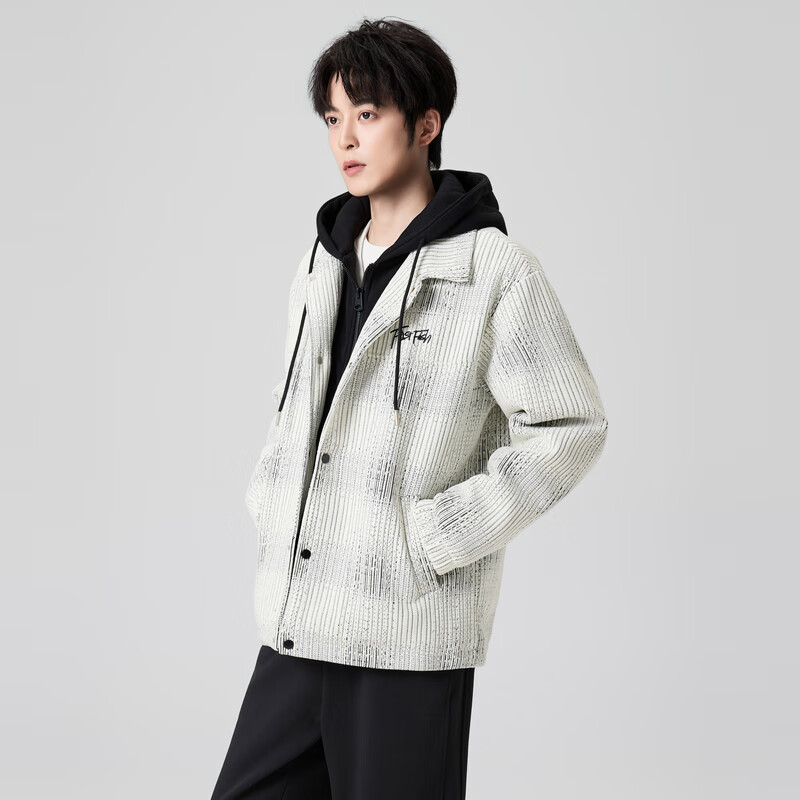 快鱼针织羽绒服男2025新款冬季撞色连帽假两件保暖厚外套休闲百搭男装 米白 2XL