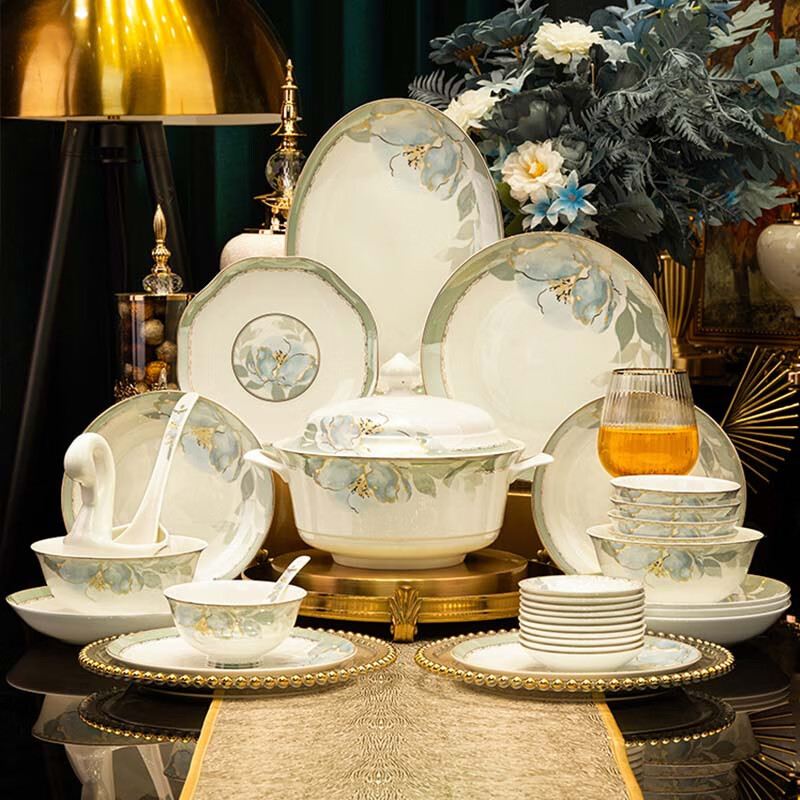 曼远釉下彩景德镇陶瓷餐具高颜值中式碗盘碟套装轻奢高级感乔迁新居礼 花影鎏金【16人配置】 102件套