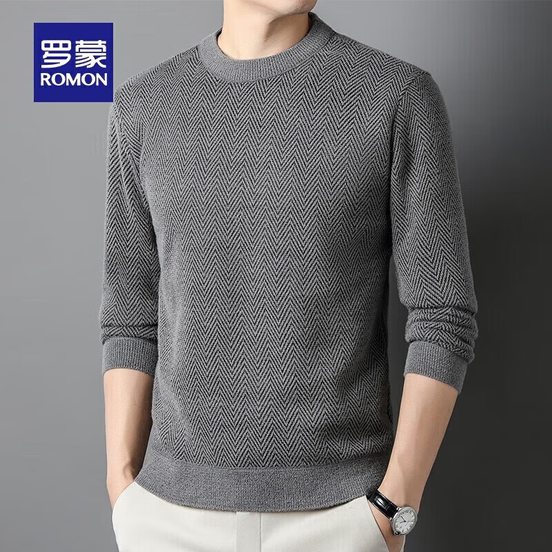 罗蒙（ROMON）加绒保暖针织衫男2025秋冬新款圆领套头毛衣中青年加厚打底衫 灰色 M 170（建议120-135斤）