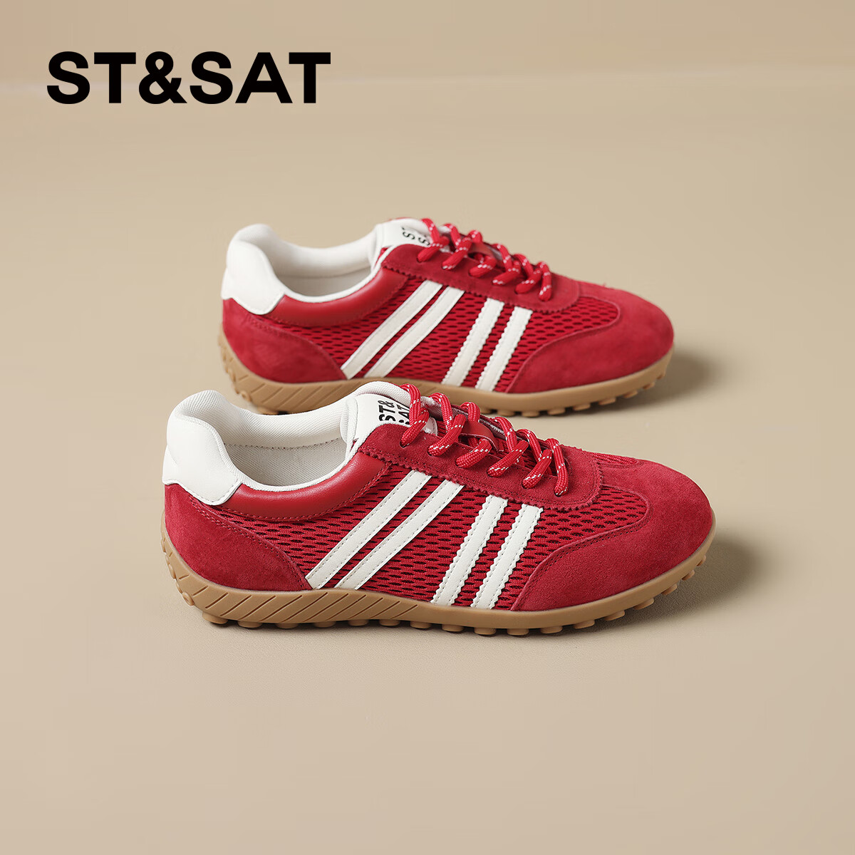 星期六(St&Sat)拼色爆款2025秋季新款德训鞋轻奢复古百搭舒适增高休闲鞋板鞋子女 红色 35