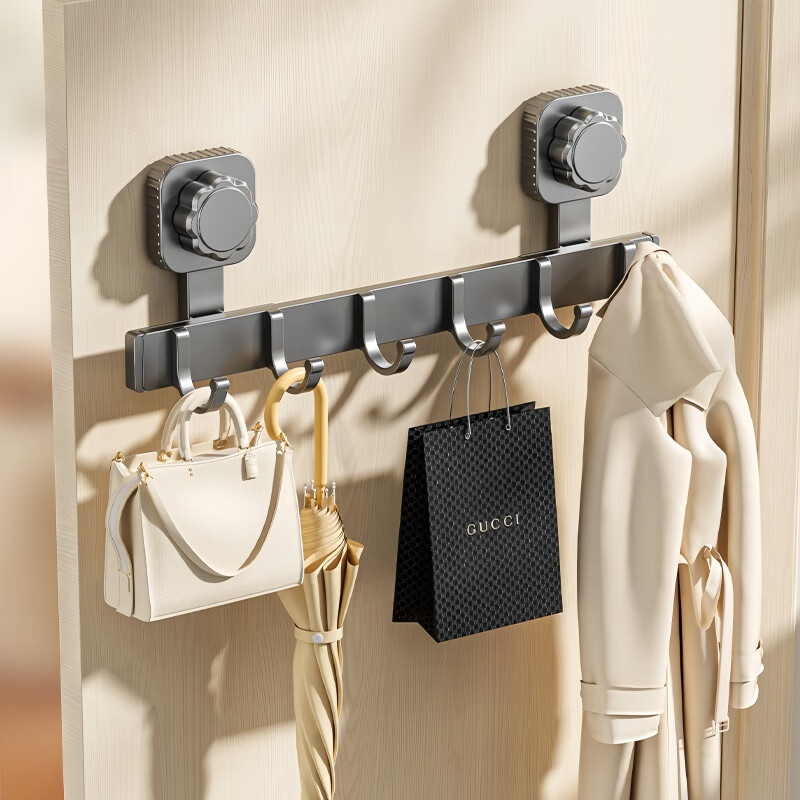 馨婺家吸盘挂钩粘钩免打孔门后挂衣钩挂衣架子浴室厨房墙上壁挂收纳挂架 枪灰色-4钩【强力吸盘】