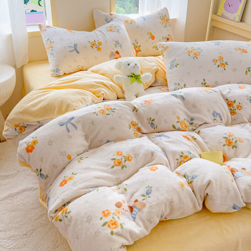 伊路卡新款牛奶绒四件套秋冬季保暖珊瑚绒床上用品儿童被套床单 布布萌宠 1.8米床 四件套 床单款 （被套200*230cm）