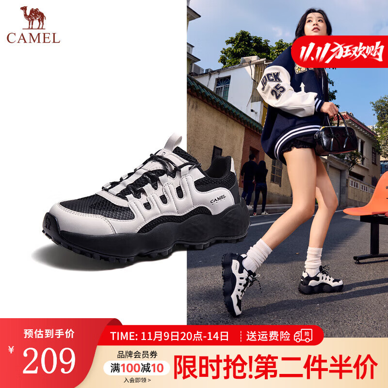 骆驼（CAMEL）王俊凯花生鞋户外休闲鞋2025春季新款透气网面情侣时尚运动鞋女 G25S171012B 黑/白 女款 37