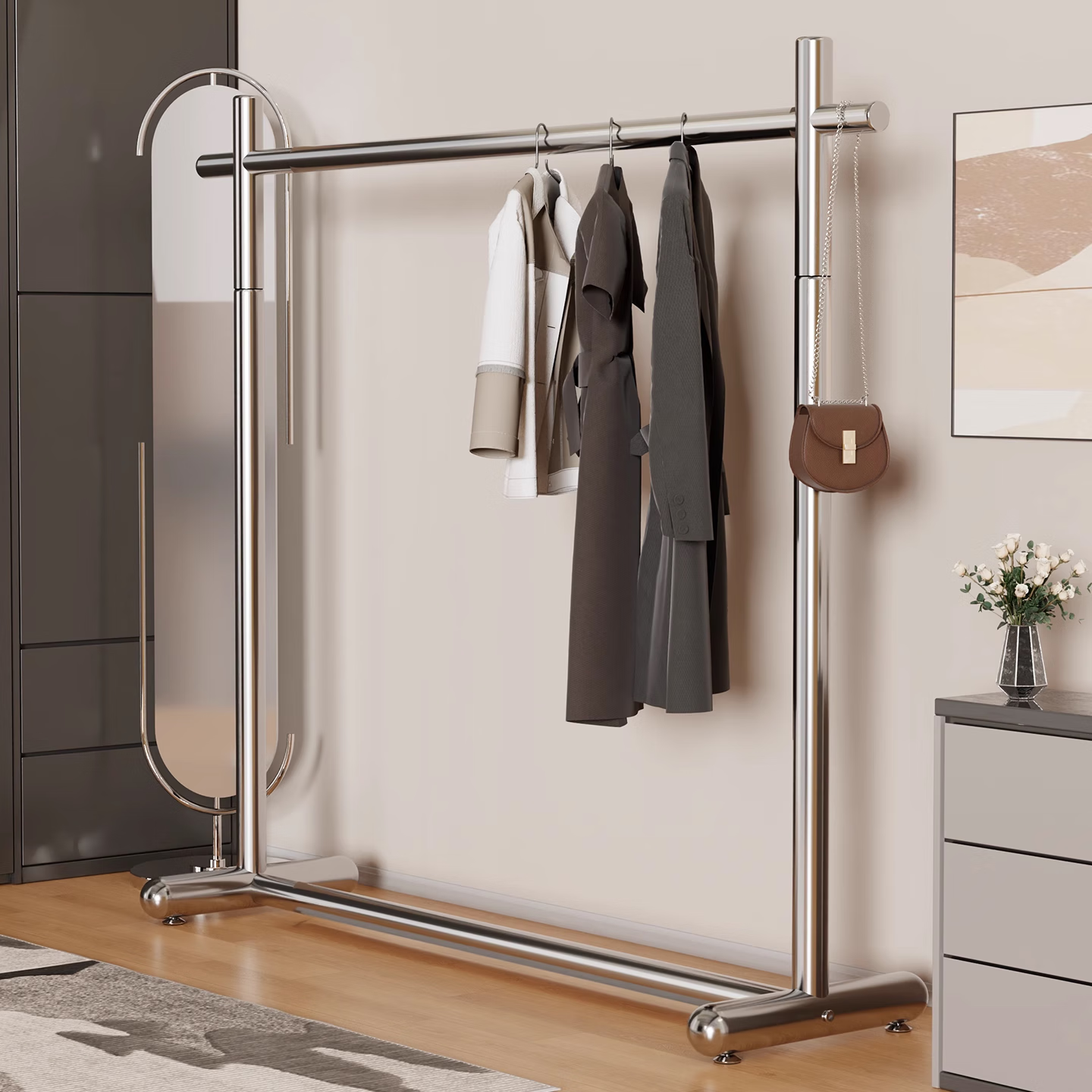 衣炫落地不锈钢晾衣架挂衣架衣帽架家用卧室服装店移动衣服陈列架双杆 长150*高150【加粗底座】