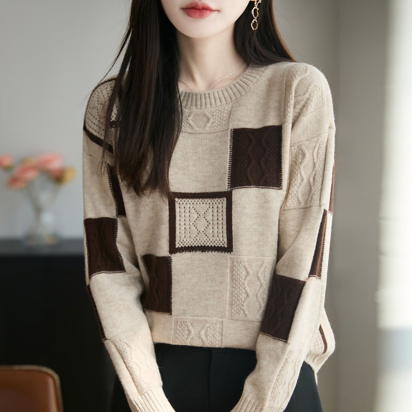 【百搭舒适】新款圆领格子针织衫2025秋冬保暖时尚百搭毛衣长袖 杏色  【优质针织】 3XL 【 建议140-155斤】