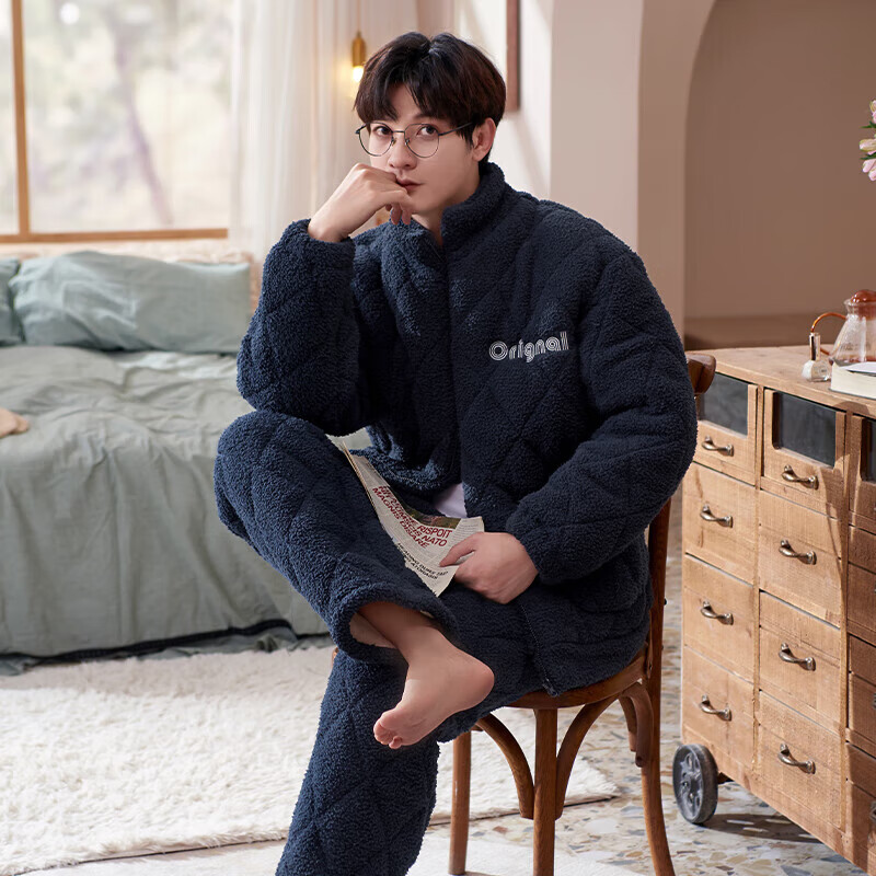 芬腾【清仓】情侣珊瑚绒夹棉睡衣女士冬季三层加厚男抗静电家居服套装 FX25950394深兰【单男款】 XL 建议:女124-142,男146-165斤