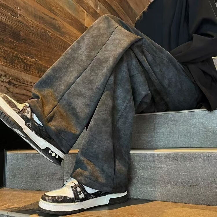 东馨鸟扎染休闲新款休闲裤美式春秋复古薄款宽松长裤直筒潮流脏脏裤裤子 黑色 5XL[建议200-220斤] 均码