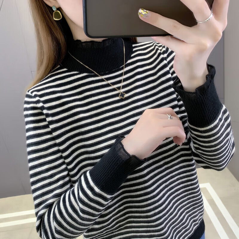 香影纯蕾丝半高领条纹针织打底衫女2025秋冬新款宽松显瘦毛衣女装内搭 杏色 S (建议95斤以内)