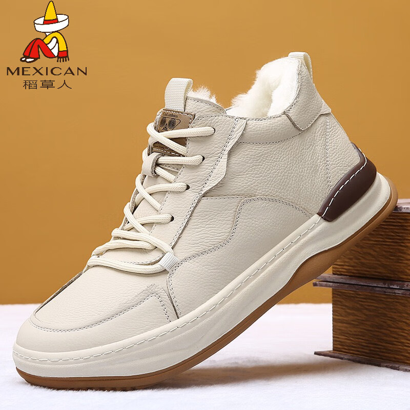 稻草人（MEXICAN）头层牛皮棉鞋男冬季2026新款男士高帮真皮羊毛棉皮鞋保暖防滑冬鞋 米白【羊毛内里】 38