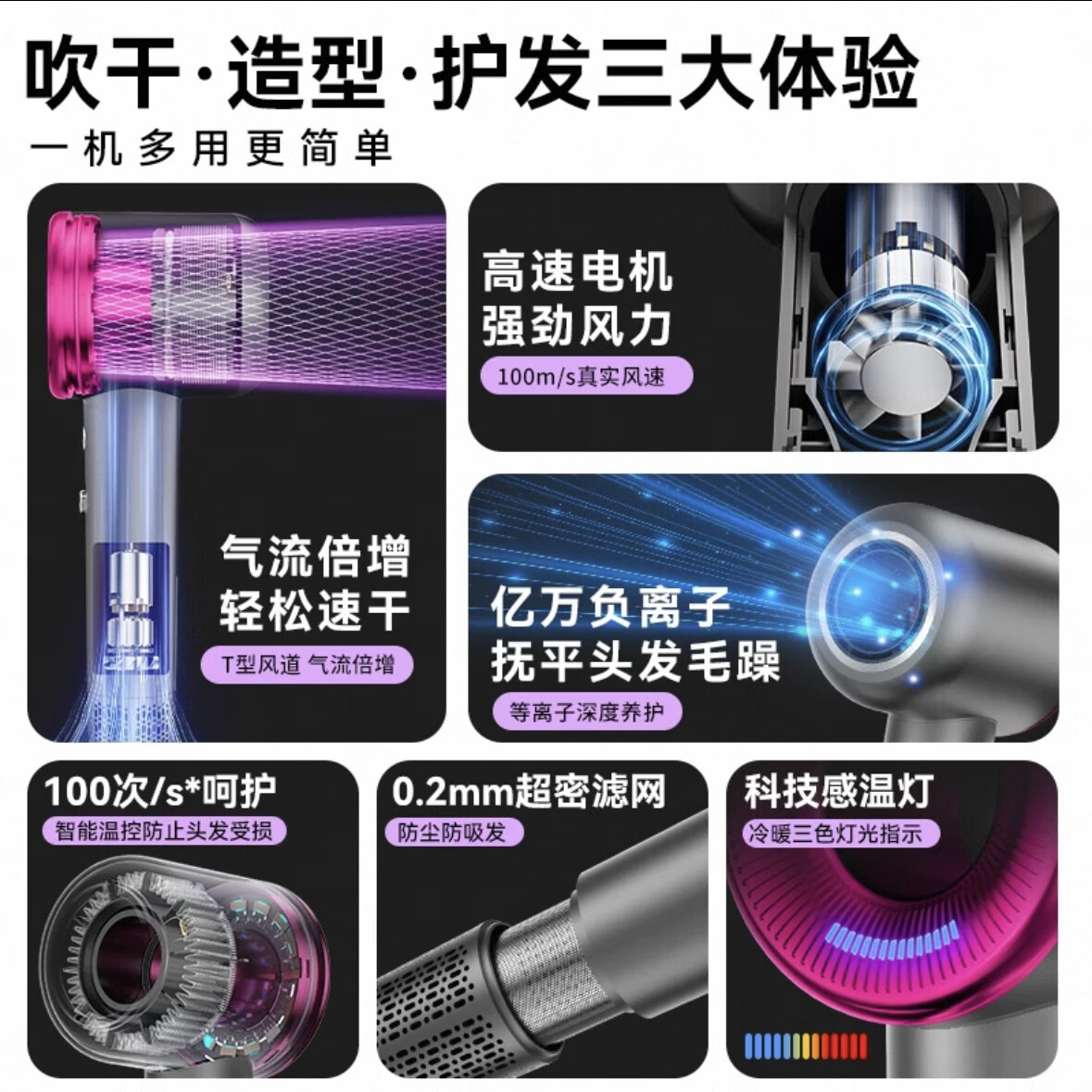 RASW德国品牌吹风机家用静轻音负离子大功率不伤发高速无叶电吹风护发宿舍女士理发店专用静音大风力 【玫瑰红-单风嘴】30亿水润负离子 恒温护发 【智能温控丨强劲风力丨速干丨六重降噪】