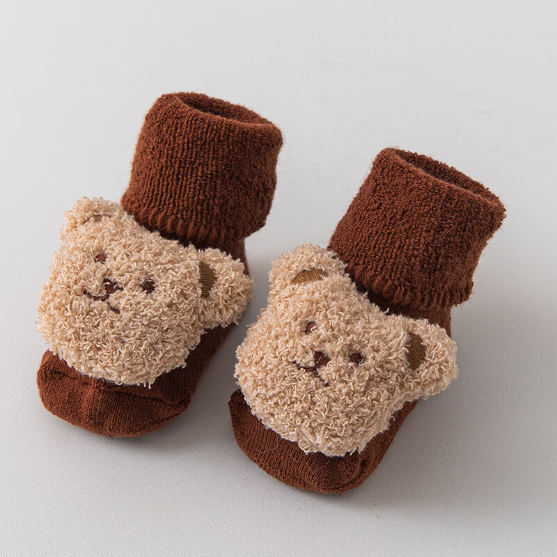 彩虹房子婴儿袜秋冬季宝宝袜儿童毛圈加绒保暖防滑地板鞋套公仔周岁袜 毛圈熊-咖色【一双装】 S码（0-1岁）脚长8-10cm内