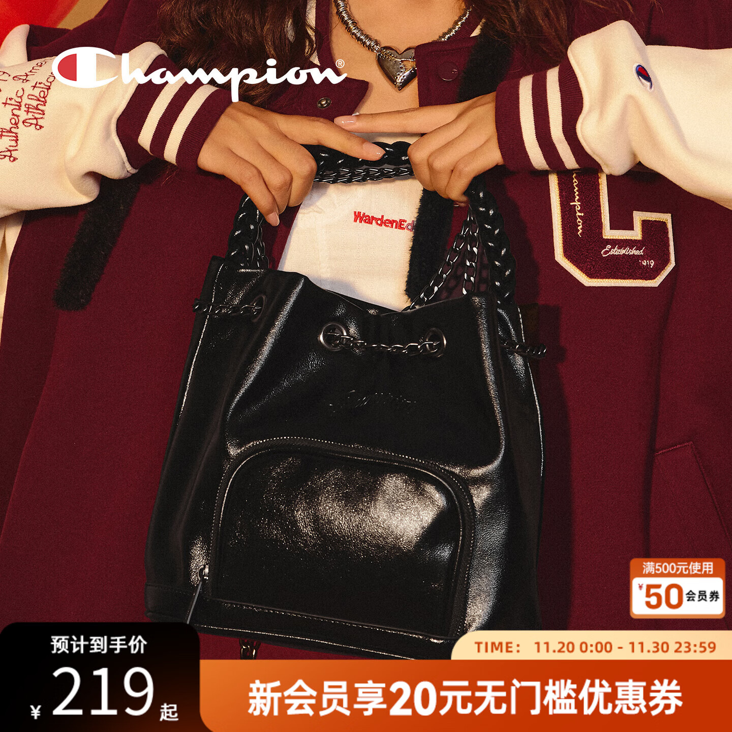 champion冠军26春季新款单肩斜挎包女小众设计感包包手提水桶包 黑色