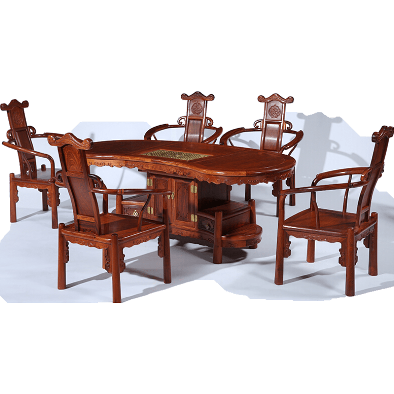 贡艺名居 红木家具缅甸花梨(学名:大果紫檀)腰形茶桌椅组合 中式实木功夫茶几 泡茶台
