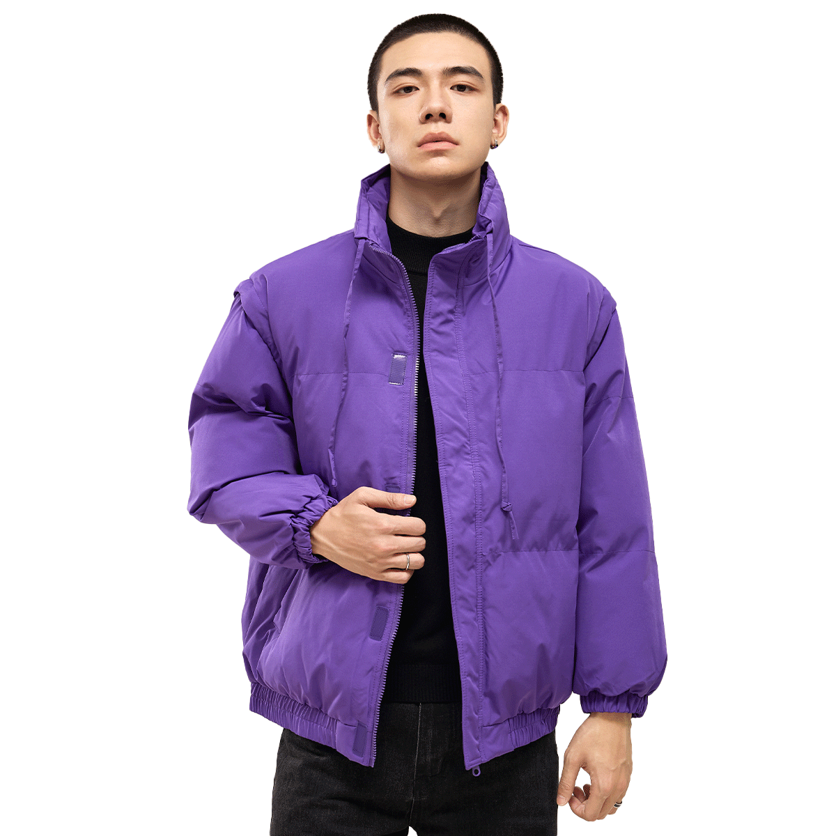 HIPANDA立领棉衣外套男2025冬季宽松百搭加厚保暖棉服可拆卸袖子马甲上衣 紫色 M