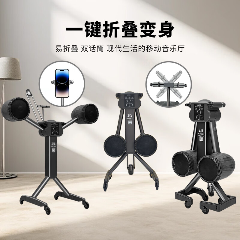 铃锐科技玲锐2101-D10蓝牙音箱户外便携K歌音响大音量高保真家庭影院功放一体机家庭娱乐KTV适用吉他萨克斯 木纹金(折叠麦+无线麦克风*2)