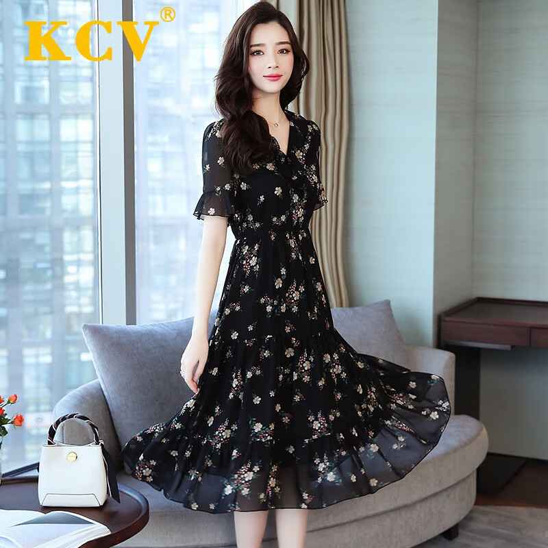KCV女装碎花雪纺连衣裙气质显瘦荷叶袖印花V领小个子流行减龄裙 黑色碎花 L(建议105-120斤)