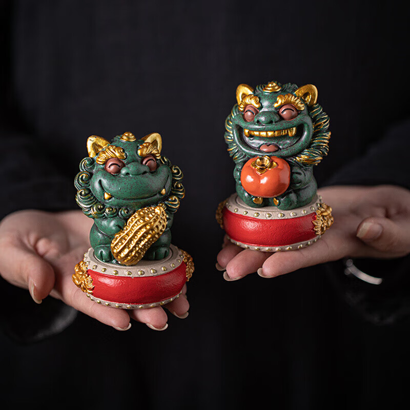 YWZR中式狮子茶宠摆件带底座茶桌茶台茶玩可爱系礼盒装送礼 22_前程似锦-元宝款_(千里江山礼盒装)
