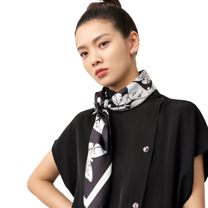 嫵（WOO）起舞 女士春夏桑方巾絲巾女圍巾女披肩圍脖百搭 黑色
