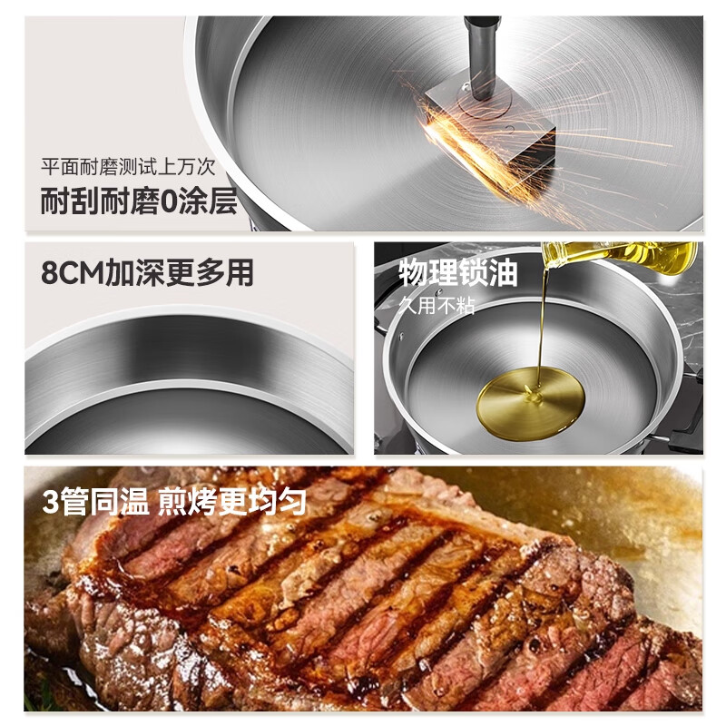 半球(PESKOE)电饼铛家用小型电煎锅煎烙饼锅家庭用电火锅煎饼锅电煮锅煎烤机304不锈钢无涂层80mm加深加大 【8CM加深款-整机不锈钢】32CM单蒸笼