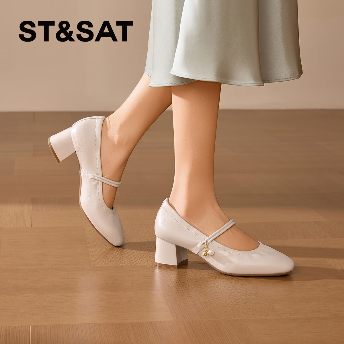 星期六羊皮高跟鞋女2025夏季新款法式复古单鞋粗跟不累脚玛丽珍鞋 米白 35