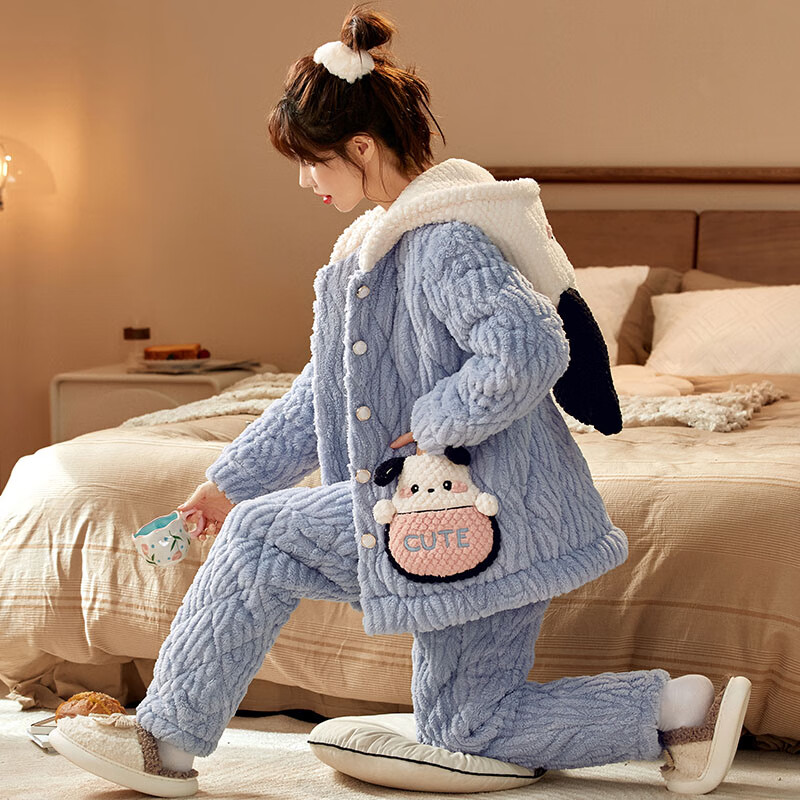 chunnian女士睡衣女冬季保暖珊瑚绒加厚加绒三层夹棉法兰绒带帽家居服套装 XEQN-2385【外套+裤子】 L