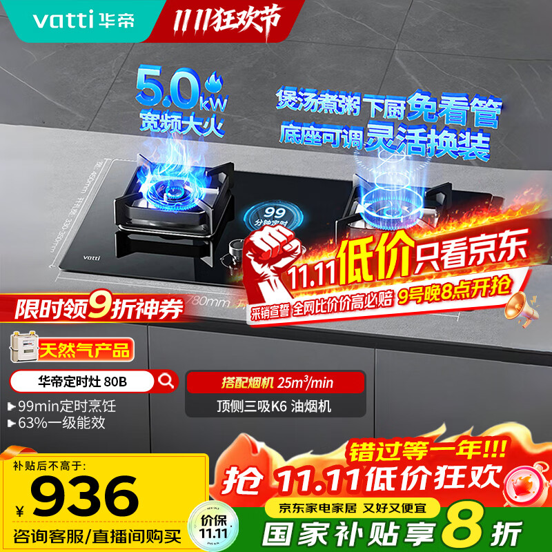 华帝（VATTI）国家政府补贴定时燃气灶天然气嵌入式5.0kW大火力猛火煤气灶双灶台灶具i10080B【天然气产品】