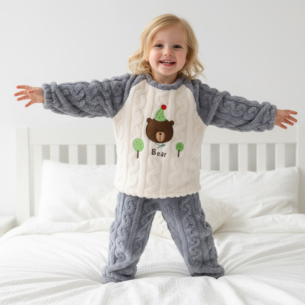 小猪大卫 PECODAVID珊瑚绒套装秋冬儿童室内居家服男女可爱分体套装毛毛款 灰蓝小熊 110 版型宽松，按正常尺码拍