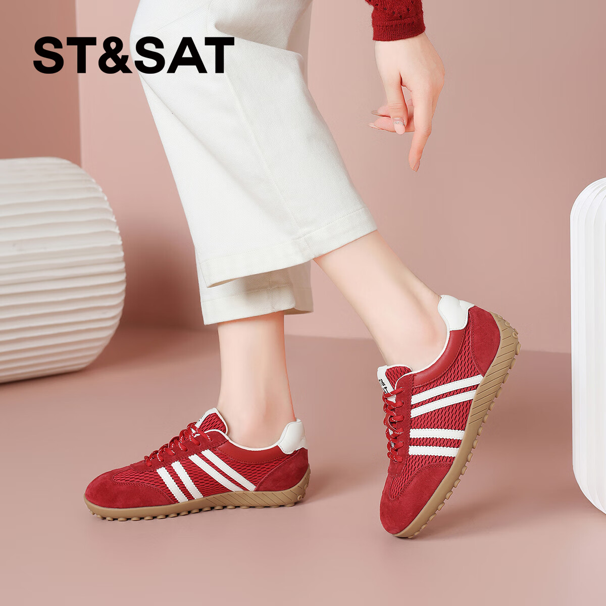 星期六(St&Sat)拼色爆款2025秋季新款德训鞋轻奢复古百搭舒适增高休闲鞋板鞋子女 红色 35