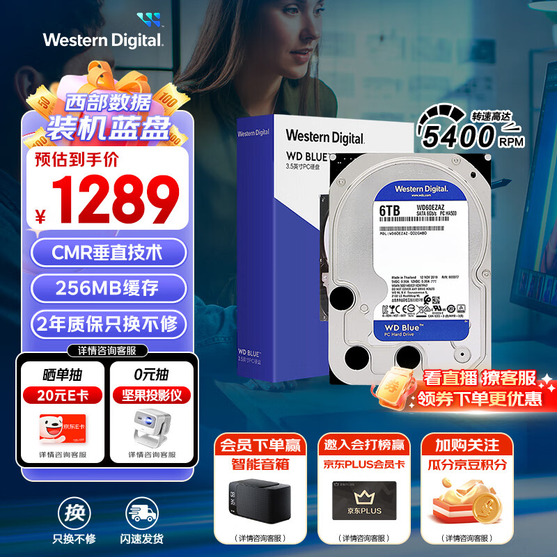 西部数据（WD）台式机硬盘 WD Blue 西数蓝盘 6TB 5400转 256MB SATA 3.5英寸大容量CMR垂直技术DIY电脑机械硬盘