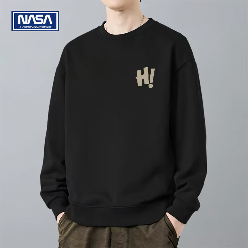 NASAR-FARM卫衣男春秋季休闲宽松版重磅落肩打底衫圆领潮流情侣学生男装上衣 黑色 M (100-115斤)