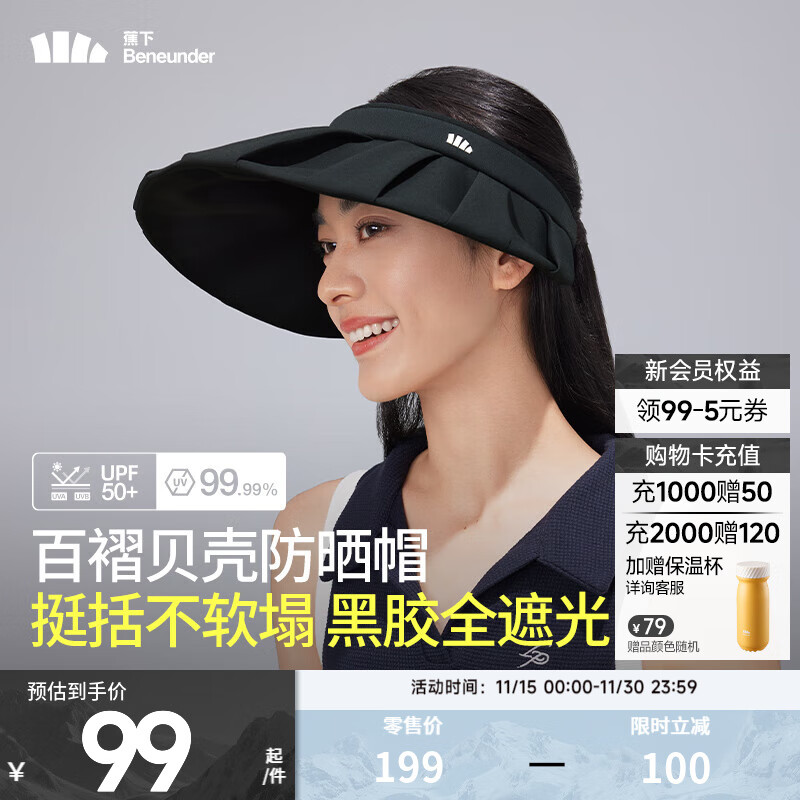 蕉下（beneunder）防晒帽女空顶帽夏季遮阳帽24新款防紫外线百褶户外 漫暮黑