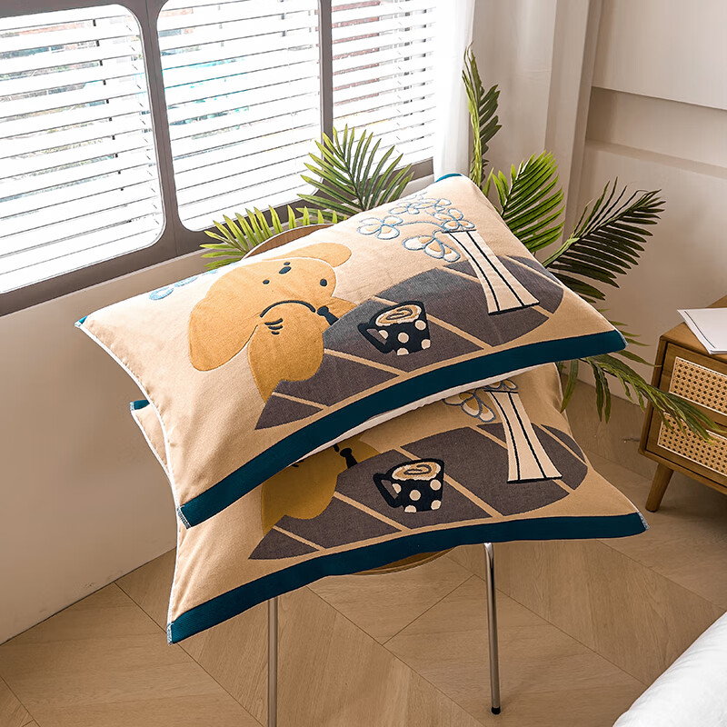 蜜乐暖A类100%纯棉枕巾6层纱布枕头巾男士防油防汗全棉枕套防脱落枕头套 咖啡狗 【新疆长绒棉 高密编织】 【六层纱布巨厚实】52x78cm【单只装】