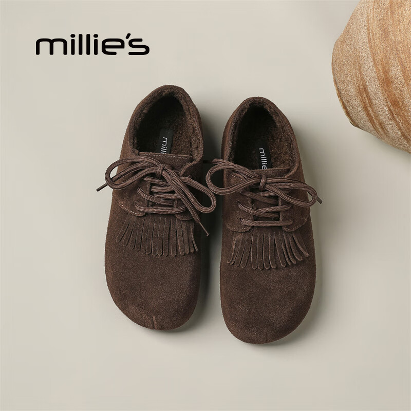 妙丽勃肯鞋女平底加绒复古乐福鞋保暖潮流2025冬季新款百搭通勤单鞋 咖色 35 (225mm) 标准码