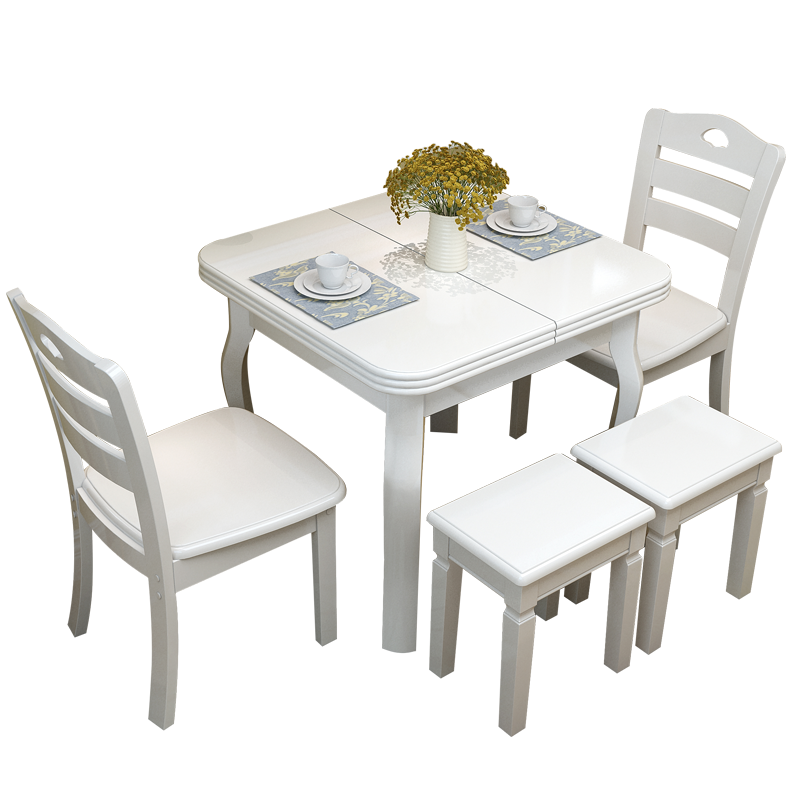 沐晨 餐桌 实木餐桌 可伸缩餐桌椅组合折叠桌子家用简约小户型饭桌 象牙白 一桌四椅