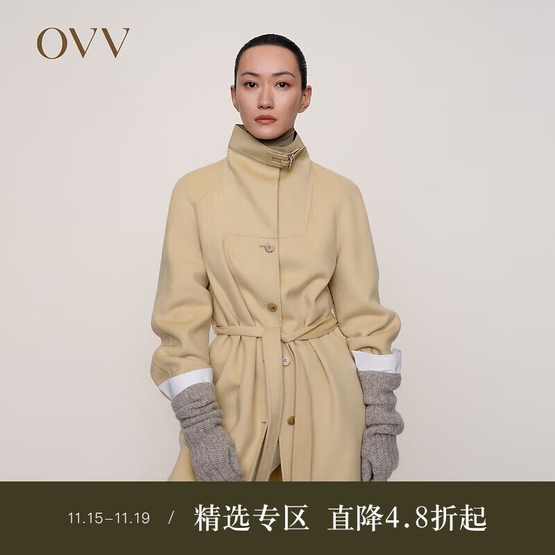 OVV秋冬热卖女装领口拼小羊皮设计配腰带单排扣长款大衣 燕麦（净色）C2 M
