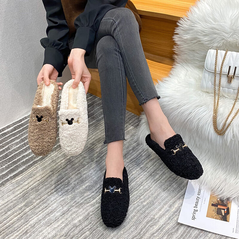 AILUKI日本毛毛鞋女半拖秋冬外穿穆勒鞋加绒包头棉拖鞋平底大码女棉鞋 黑色 33