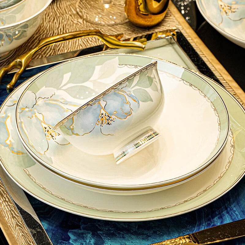 曼远釉下彩景德镇陶瓷餐具高颜值中式碗盘碟套装轻奢高级感乔迁新居礼 花影鎏金【16人配置】 102件套