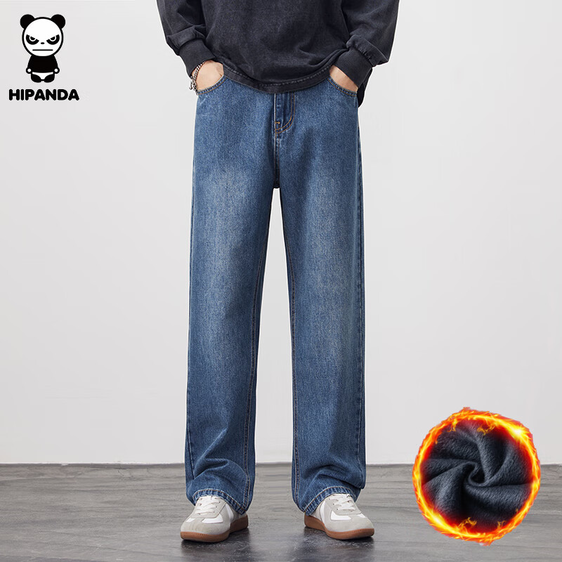 HIPANDA你好熊猫牛仔裤男2025秋冬新款加绒休闲保暖经典宽松直筒长裤男裤 蓝色-加绒款 32