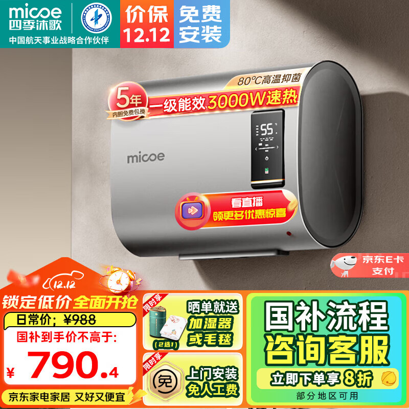 四季沐歌（MICOE）电热水器扁桶超薄双胆一级能效节能3000W家用速热恒温预约遥控免换镁棒双防电墙净滤防冻上门安装 60L 3000W LED触控大屏
