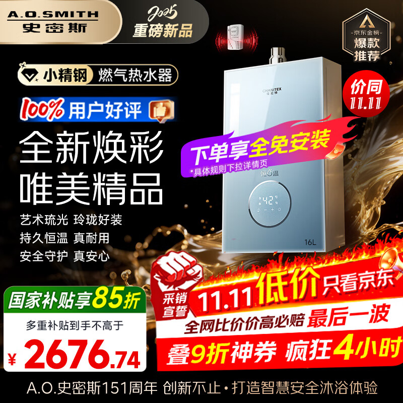 史密斯（A.O.SMITH）佳尼特【小精钢TCS5】16升燃气热水器 国家补贴 安全守护 持久恒温大水量 静音 新品