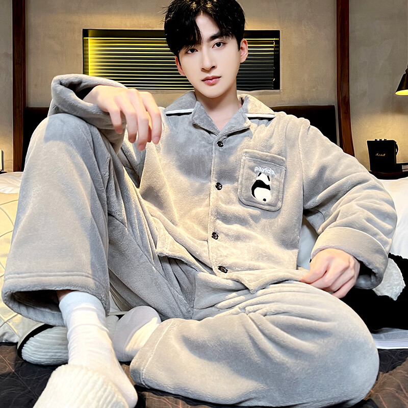 PEANOJEAN睡衣男秋冬季加厚珊瑚绒套装可外穿家居服保暖长袖春秋大码法兰绒 银灰熊猫男开衫 L 男L码(105斤-130斤)