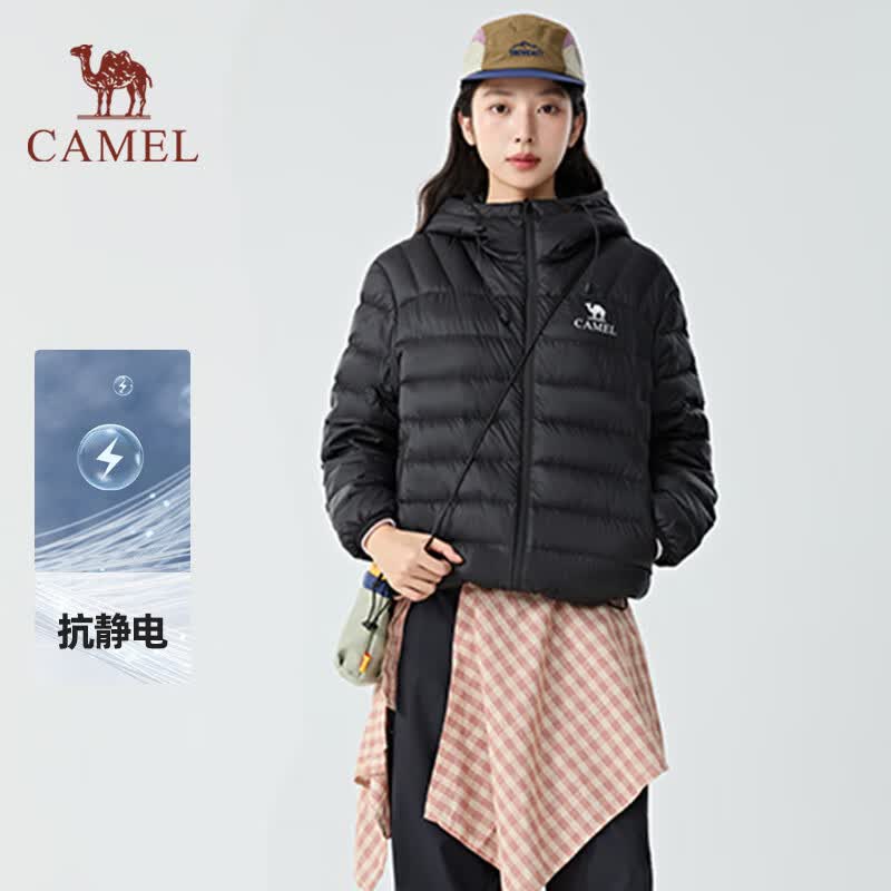 骆驼（CAMEL）排骨羽绒服女2025新款秋冬轻薄小个子巨好看鸭绒内胆连帽外套 黑色【女】 M 特价清仓处理  