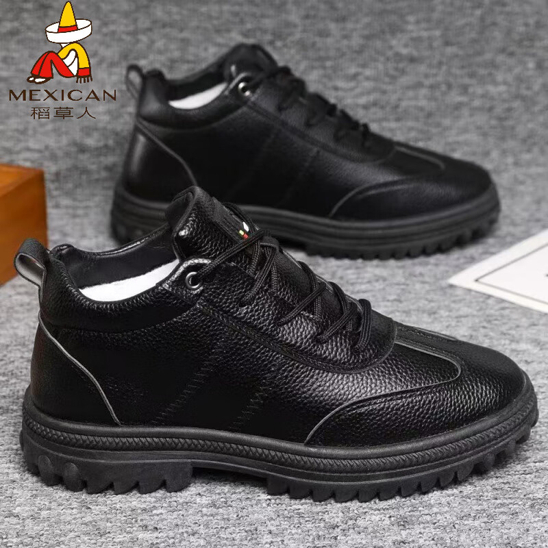 稻草人（MEXICAN）冬季加绒保暖男士棉鞋防水防滑加厚休闲皮鞋潮流中老年高帮雪地靴 黑色 42