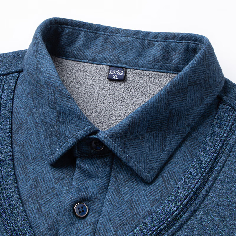 罗蒙加绒加厚假两件针织衫男士毛衣秋冬款中青年长袖含羊毛厚款打底衫 7Z111605蓝灰 2XL 185（适合155-175斤）