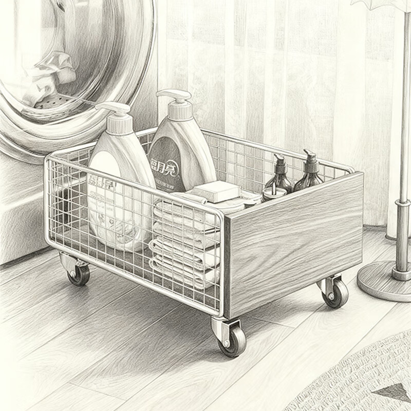 尔思家可移动收纳篮脏衣篓家用脏衣服筐多层落地卫生间洗漱台下置物架 亮银+胡桃色板