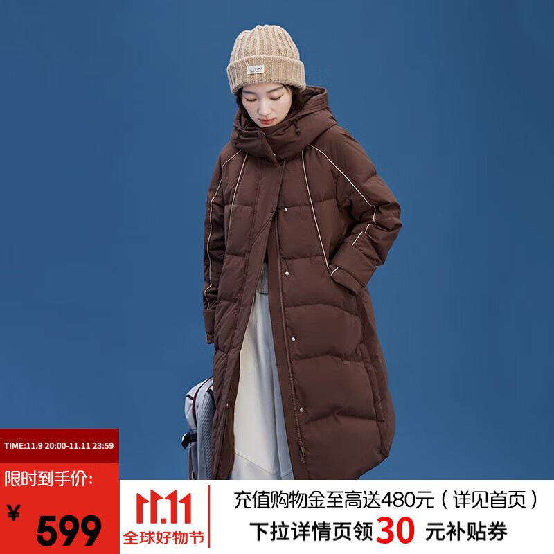 艾莱依（ERAL）长款羽绒服女新款加厚连帽韩版设计感鸭绒冬季过膝外套羽绒服 【升级版】蜜茶棕-1 S 155【建议80-